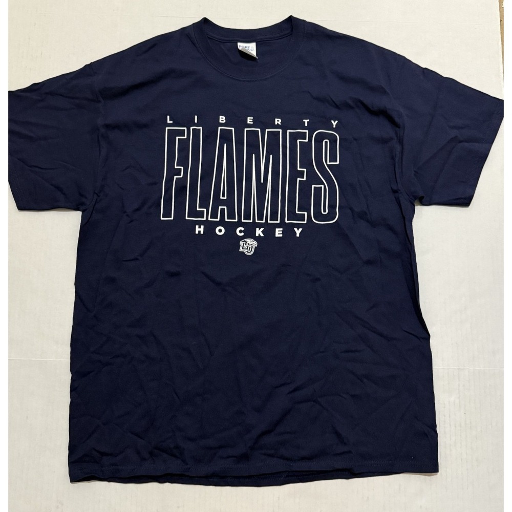 NWOT Liberty University Flames Ice‎ Hockey NCAA Port & Co cotton T-shirt Size XL